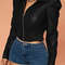 Womens Elegant Puff Sleeve Short Leather Jacket PU Leather Casual Style Collar Solid Color AllSeaso 2