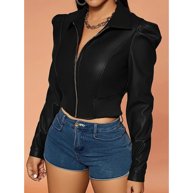 Womens Elegant Puff Sleeve Short Leather Jacket PU Leather Casual Style Collar Solid Color AllSeaso 2