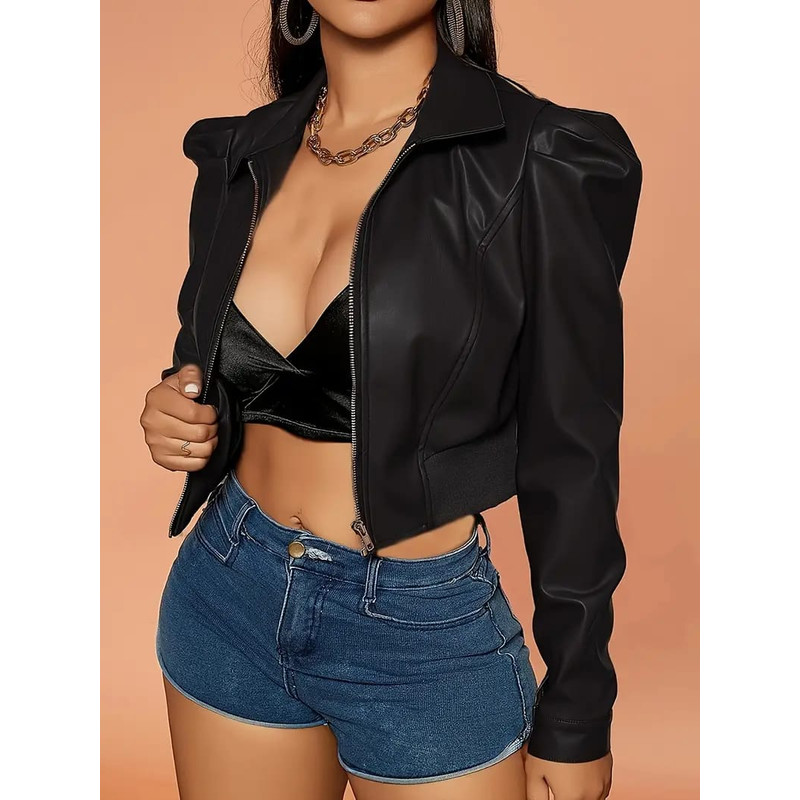 Womens Elegant Puff Sleeve Short Leather Jacket PU Leather Casual Style Collar Solid Color AllSeaso 3