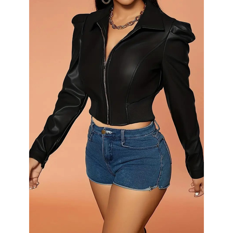 Womens Elegant Puff Sleeve Short Leather Jacket PU Leather Casual Style Collar Solid Color AllSeaso 4