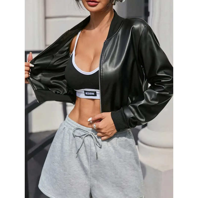 Womens Directional Autumn And Winter Long Sleeve Ladies Casual Fashion Faux Leather Jacket With Lin 2