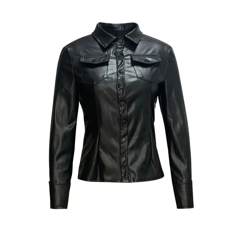 Faux Leather Button Front Jacket Stylish Long Sleeve Leather Jacket For Spring  Fall Womens Clothin 2