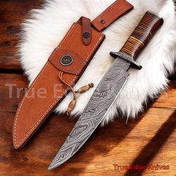 handmade damascus steel blade hunting bowie knife with leather handle christmas, anniversary, new year gift for him