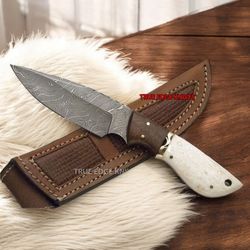 handmade damascus steel blade hunting skinner knife | bone wood handle | christmas, anniversary, new year gift for him