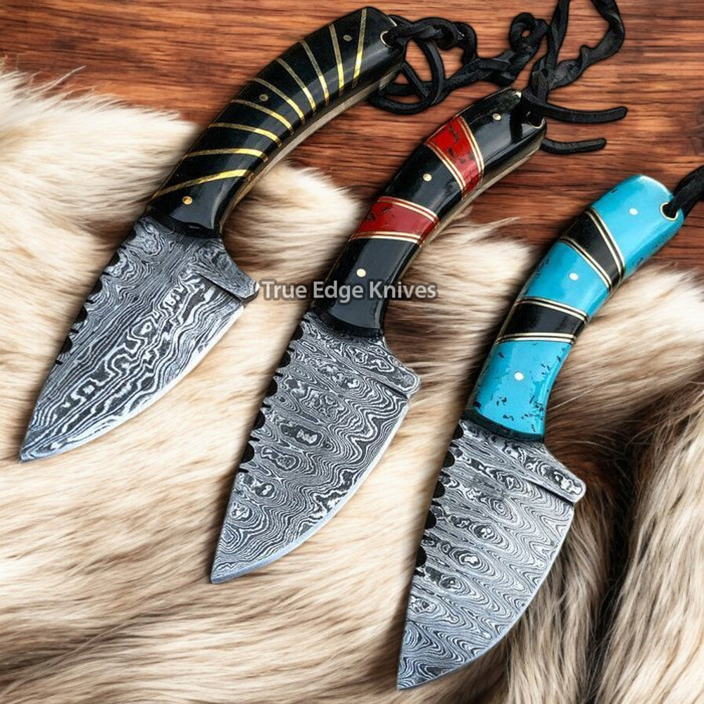 Pair Of 3 Handmade Damascus Steel Blade Hunting Skinner Knife  Christmas Anniversary New Year Gift  1