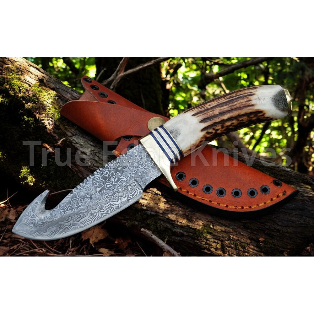 Handmade Damascus Steel Hunting Gut Hook Skinner Knife With Stag Handle Christmas Anniversary New Y 0
