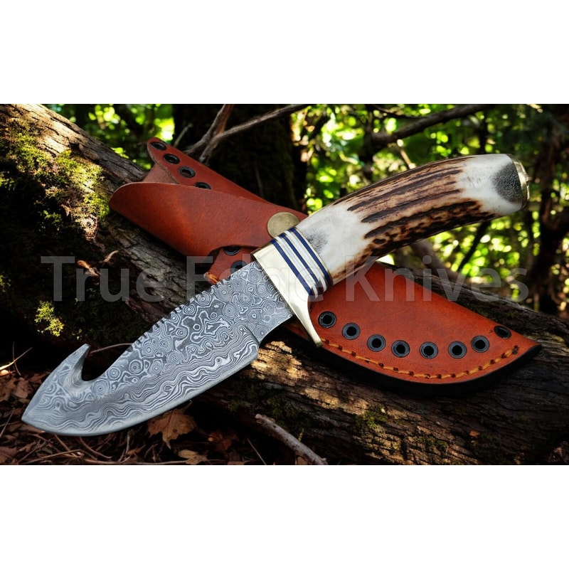 Handmade Damascus Steel Hunting Gut Hook Skinner Knife With Stag Handle Christmas Anniversary New Y 0
