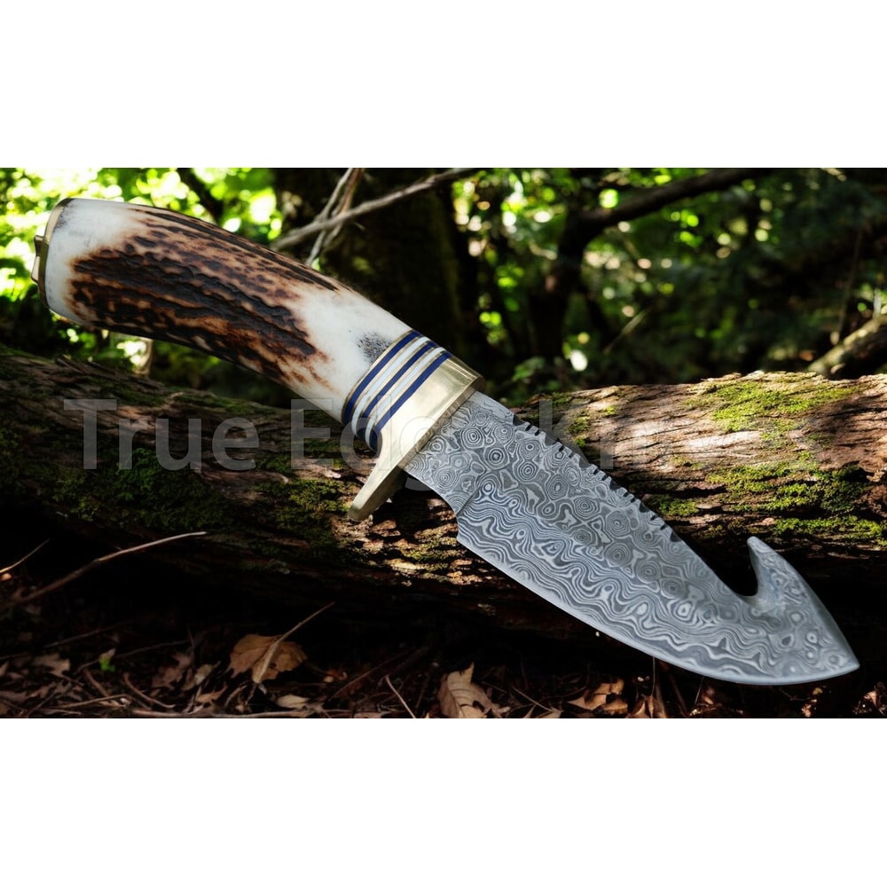Handmade Damascus Steel Hunting Gut Hook Skinner Knife With Stag Handle Christmas Anniversary New Y 1