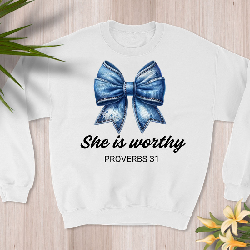 She Is Worthy Bow PNG File Womens Christian Shirts Cute Christian Coquette Designs Girly Faith Shir 0