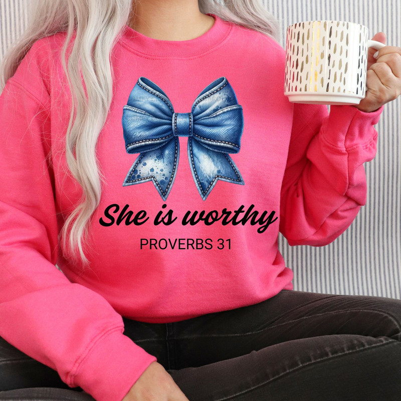 She Is Worthy Bow PNG File Womens Christian Shirts Cute Christian Coquette Designs Girly Faith Shir 1
