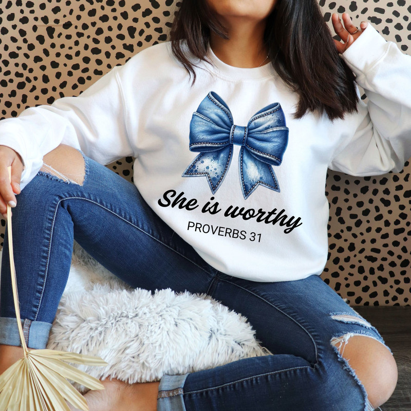 She Is Worthy Bow PNG File Womens Christian Shirts Cute Christian Coquette Designs Girly Faith Shir 3
