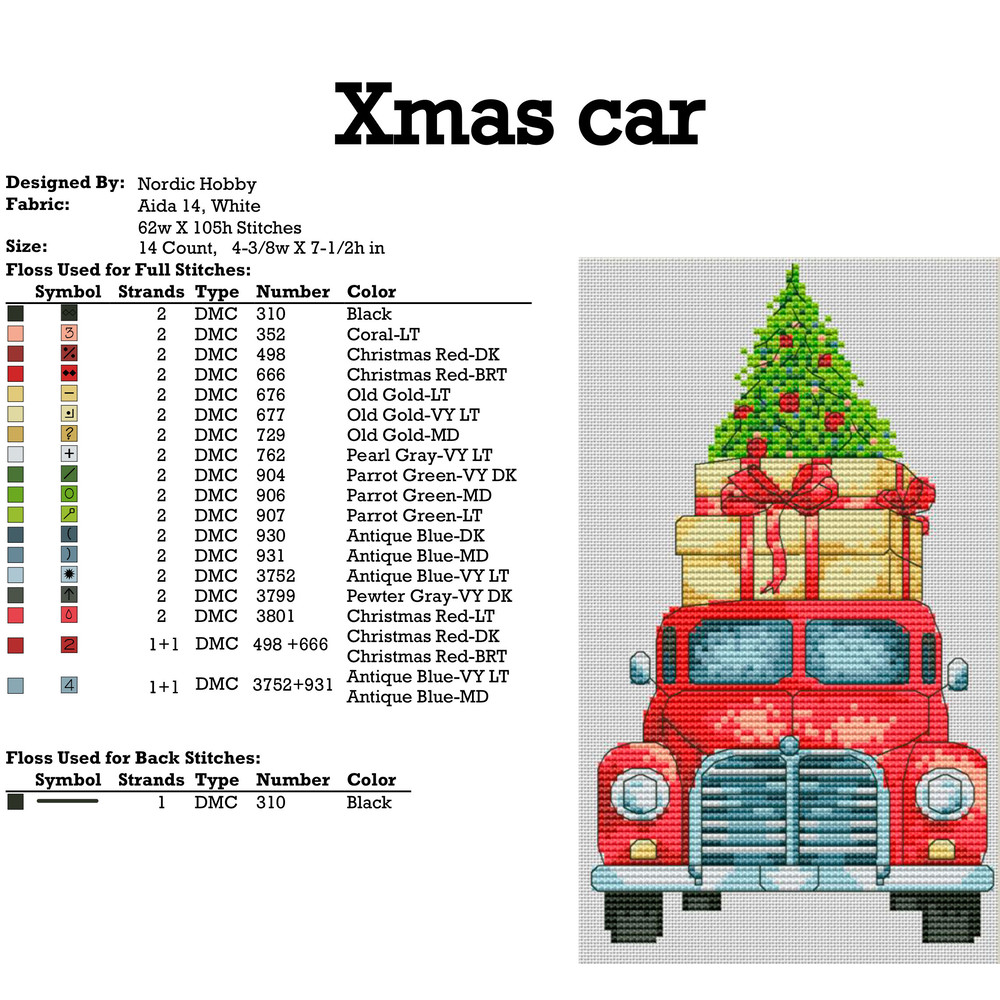 Christmas Car Cross Stitch Pattern PDF For Beginners 65x110 Stitches 4