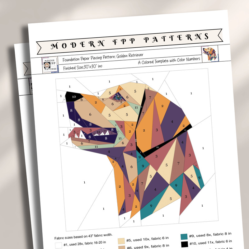 Golden Retriever Dog Foundation Paper Piecing PatternQuilt Patterndog DesignPatchwork Sewing Patter 1