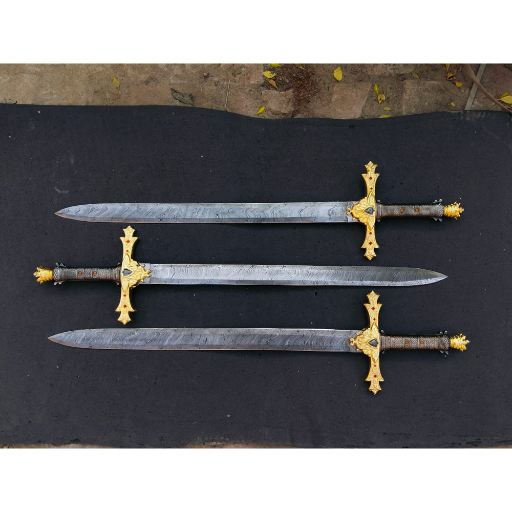 CUSTOM HANDMADE DAMASCUS STEEL KING ARTHUR SWORDS SET OF 3 SWORDS WARRIOR SWORD 0