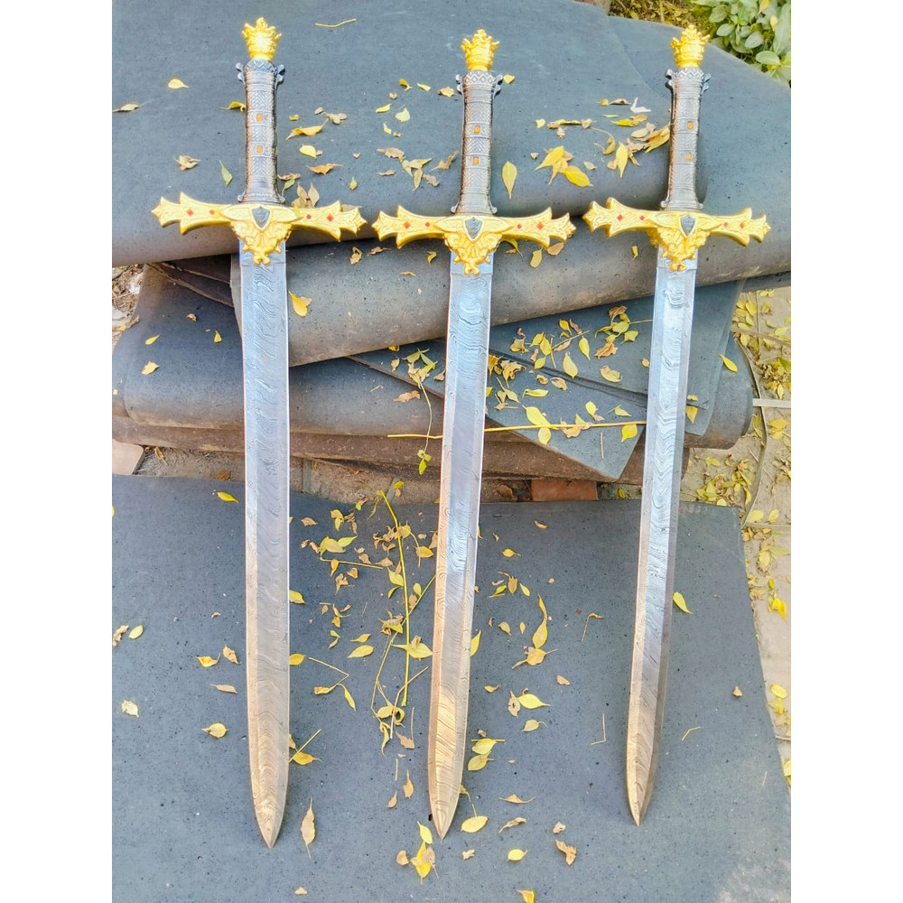 CUSTOM HANDMADE DAMASCUS STEEL KING ARTHUR SWORDS SET OF 3 SWORDS WARRIOR SWORD 1