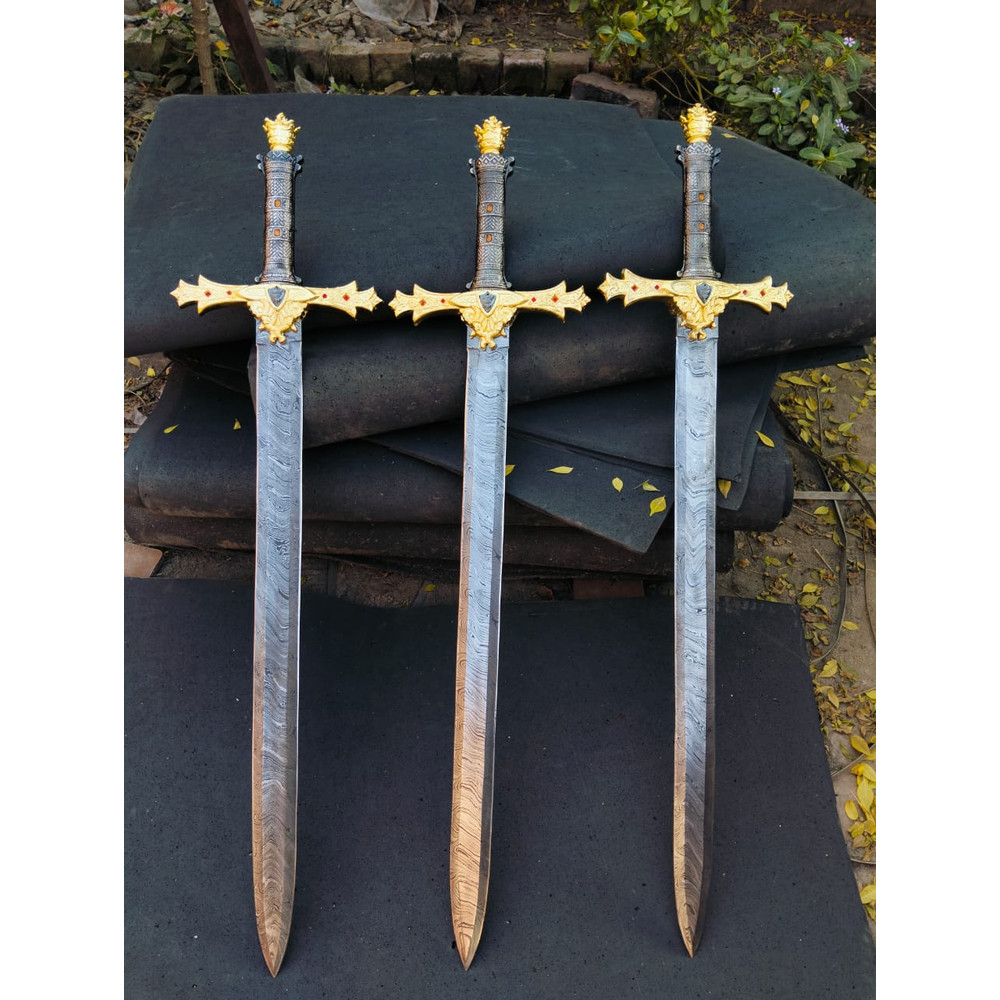 CUSTOM HANDMADE DAMASCUS STEEL KING ARTHUR SWORDS SET OF 3 SWORDS WARRIOR SWORD 3