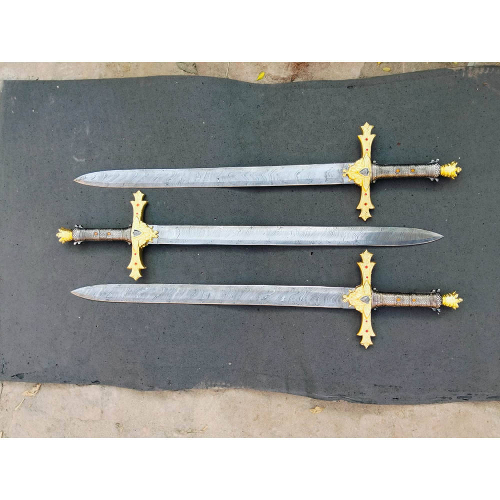 CUSTOM HANDMADE DAMASCUS STEEL KING ARTHUR SWORDS SET OF 3 SWORDS WARRIOR SWORD 4