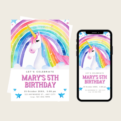 unicorn birthday invitation, unicorn rainbow party invite, sparkle invitation download printable canva template invite
