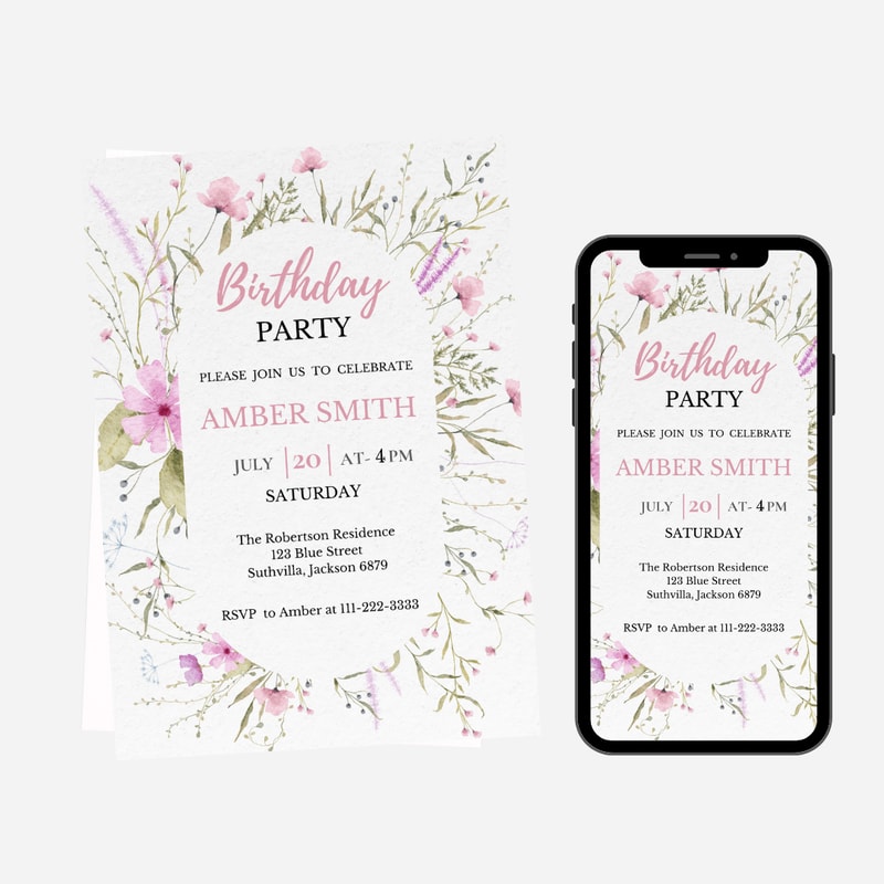 Wildflower Birthday Invitation Flower Birthday Invitation Floral Birthday Invite CANVA EDITABLE Ins 3