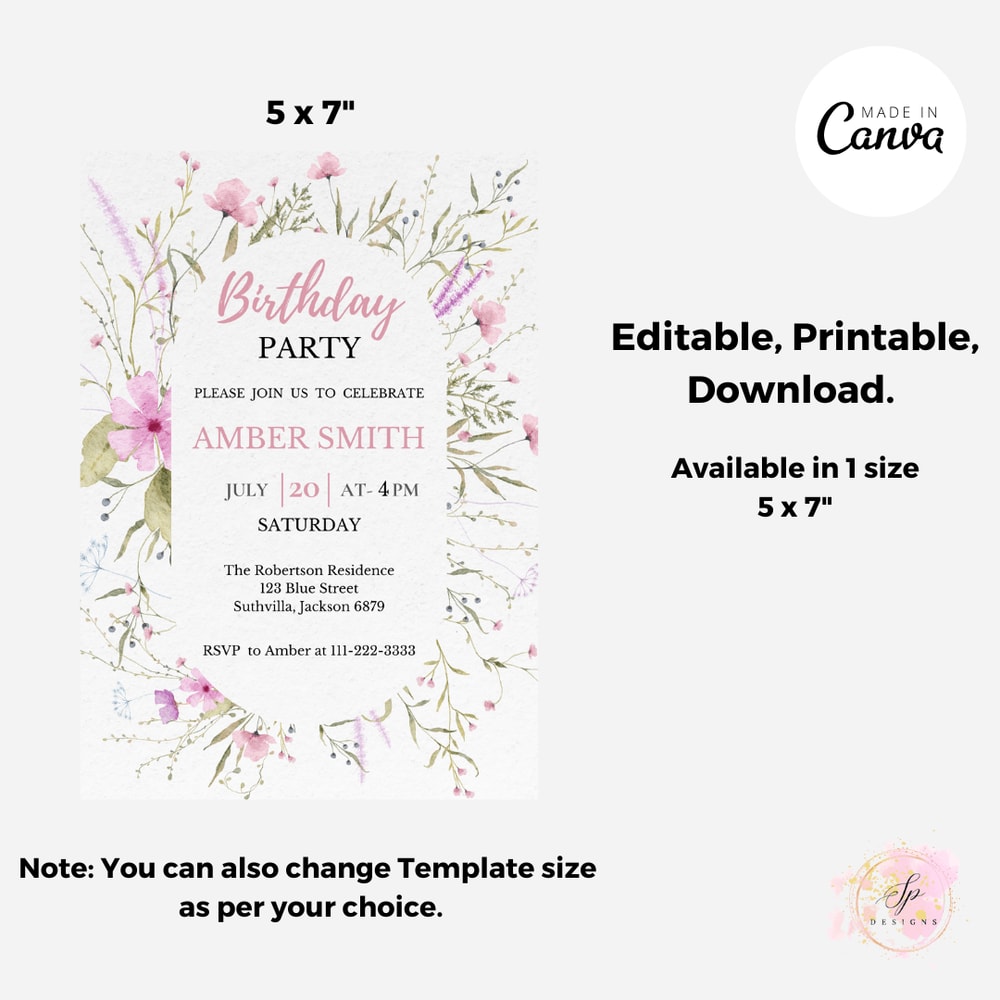 Wildflower Birthday Invitation Flower Birthday Invitation Floral Birthday Invite CANVA EDITABLE Ins 4