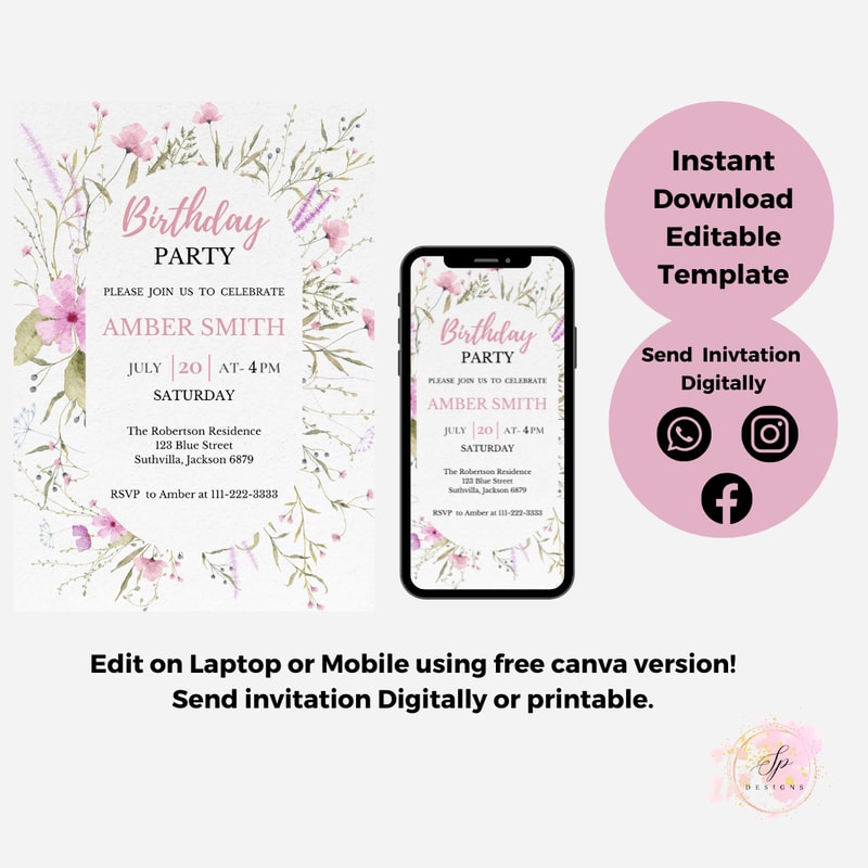Wildflower Birthday Invitation Flower Birthday Invitation Floral Birthday Invite CANVA EDITABLE Ins 5