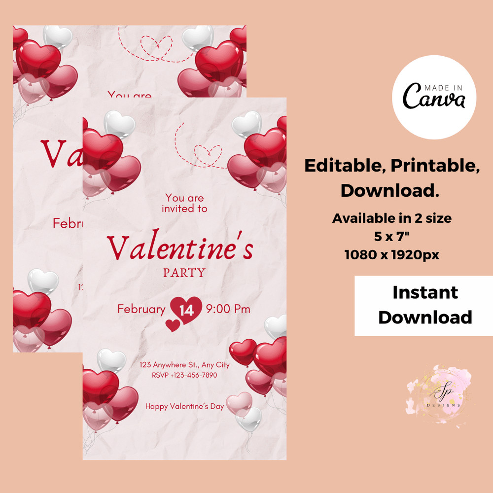 Editable Vatentine Day Party Invitation Red Heart Valentine Day Party Friends Valentines Party Invi