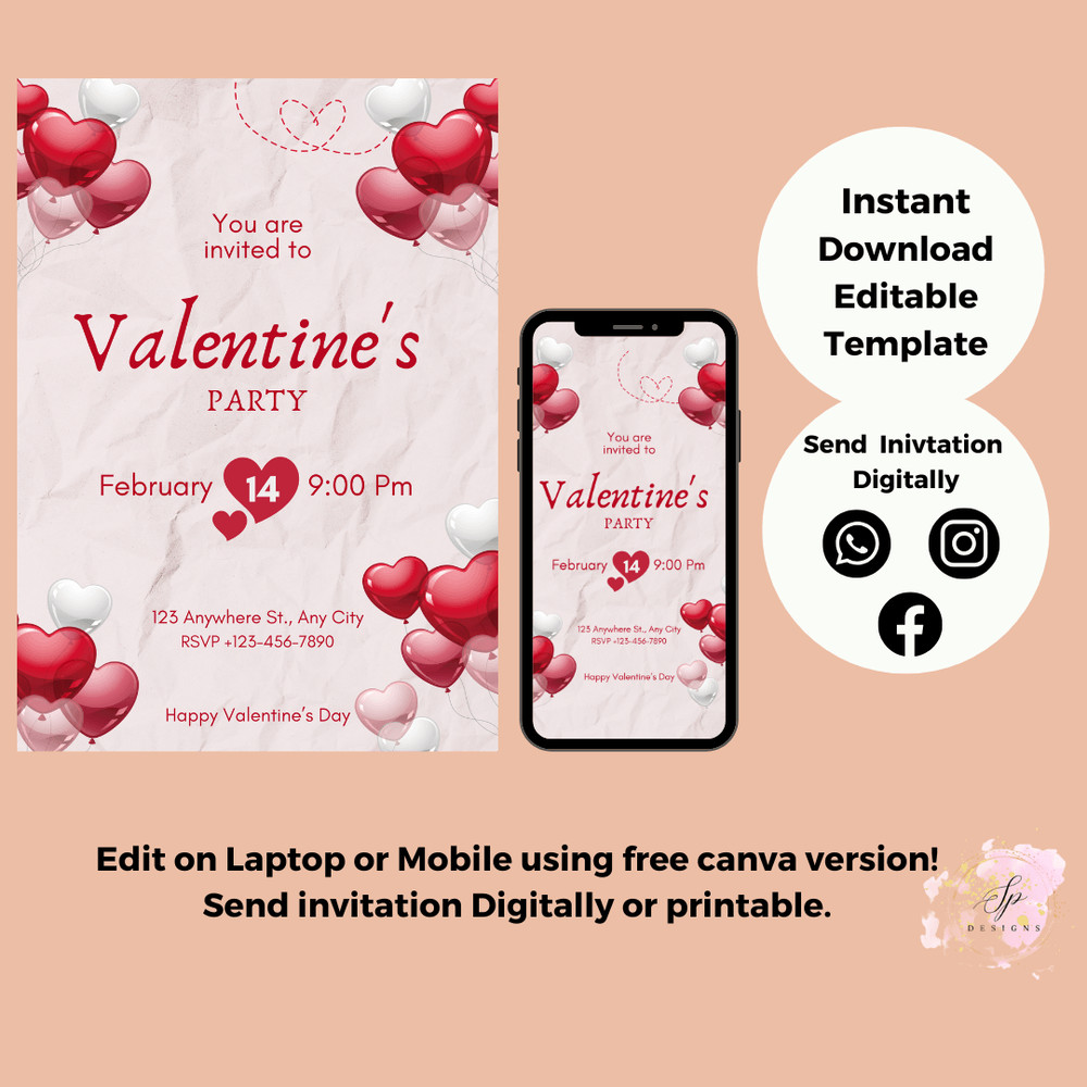 Editable Vatentine Day Party Invitation Red Heart Valentine Day Party Friends Valentines Party Invi
