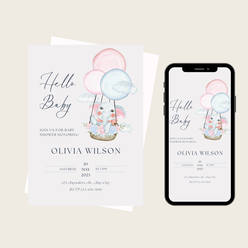 Hello Baby Shower Invitation Baby Shower Invite Printable Template Elephant Baby Shower Invitation 0