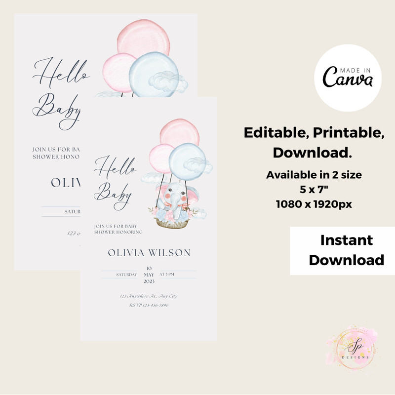Hello Baby Shower Invitation Baby Shower Invite Printable Template Elephant Baby Shower Invitation 3