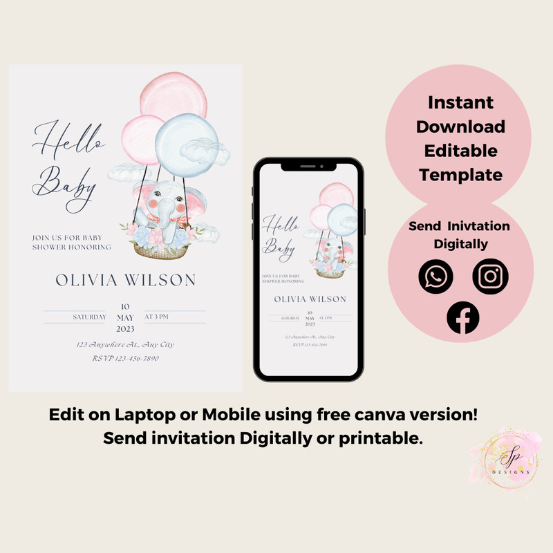 Hello Baby Shower Invitation Baby Shower Invite Printable Template Elephant Baby Shower Invitation 4