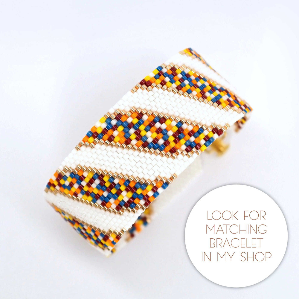 Peyote Pattern For Miyuki Earrings With Colorful Mosaic Ribbons Design And Pinch Of Gold Beads Hand 2
