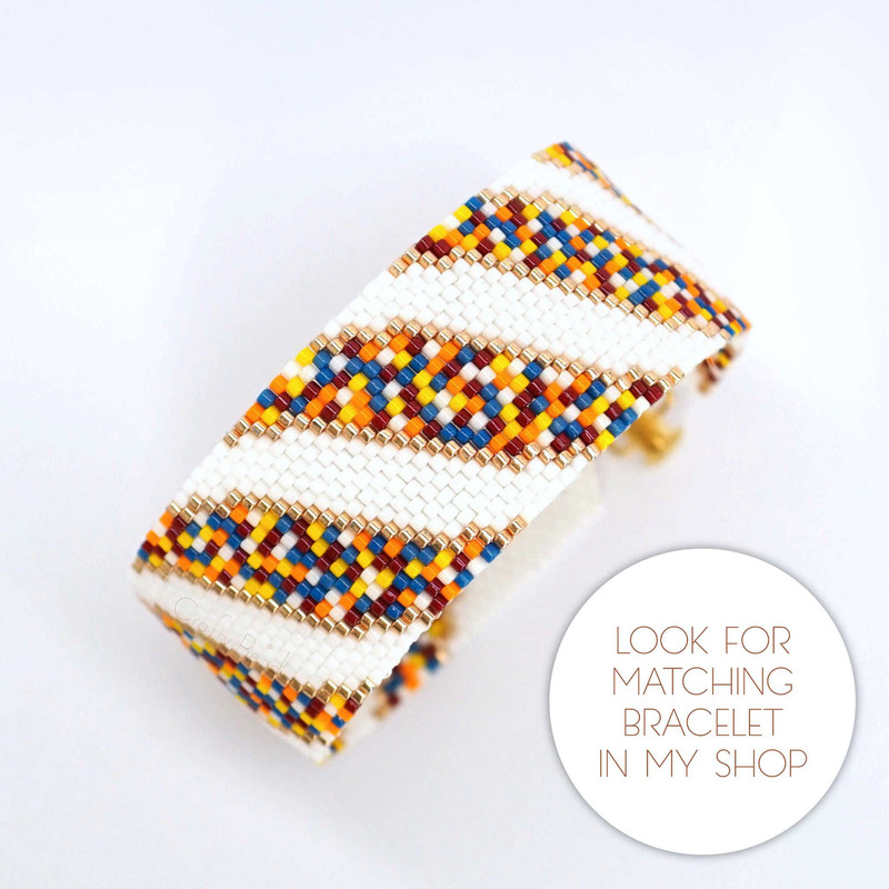 Peyote Pattern For Miyuki Earrings With Colorful Mosaic Ribbons Design And Pinch Of Gold Beads Hand 2