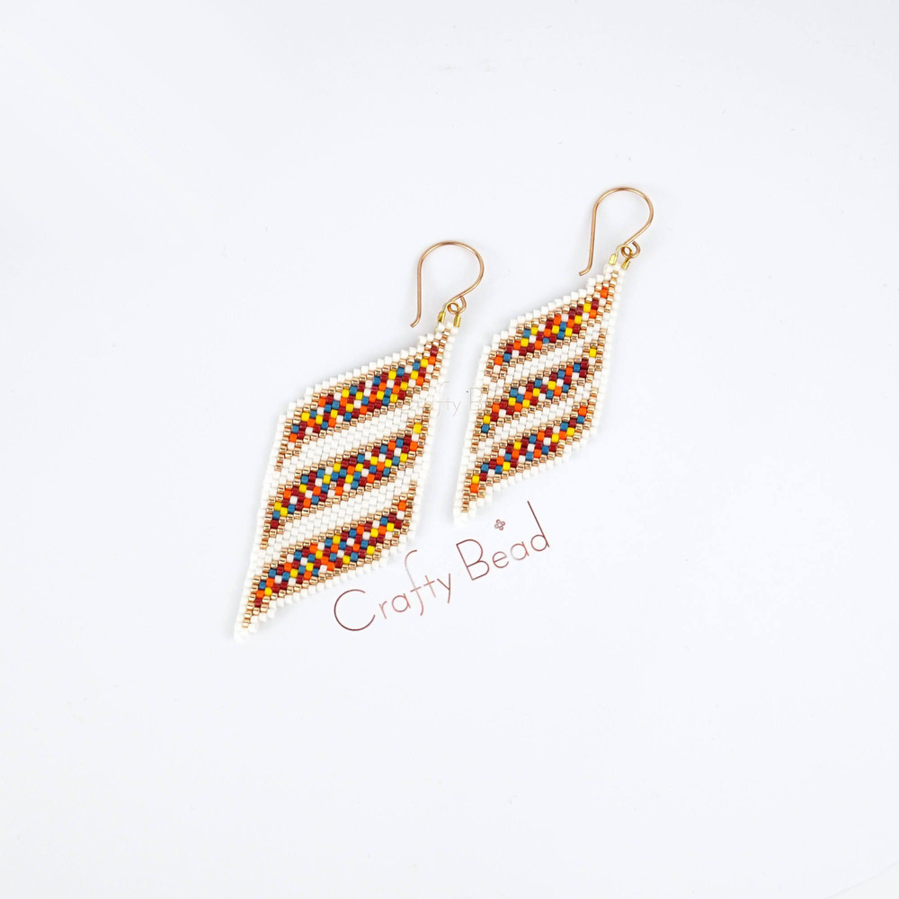 Peyote Pattern For Miyuki Earrings With Colorful Mosaic Ribbons Design And Pinch Of Gold Beads Hand 3