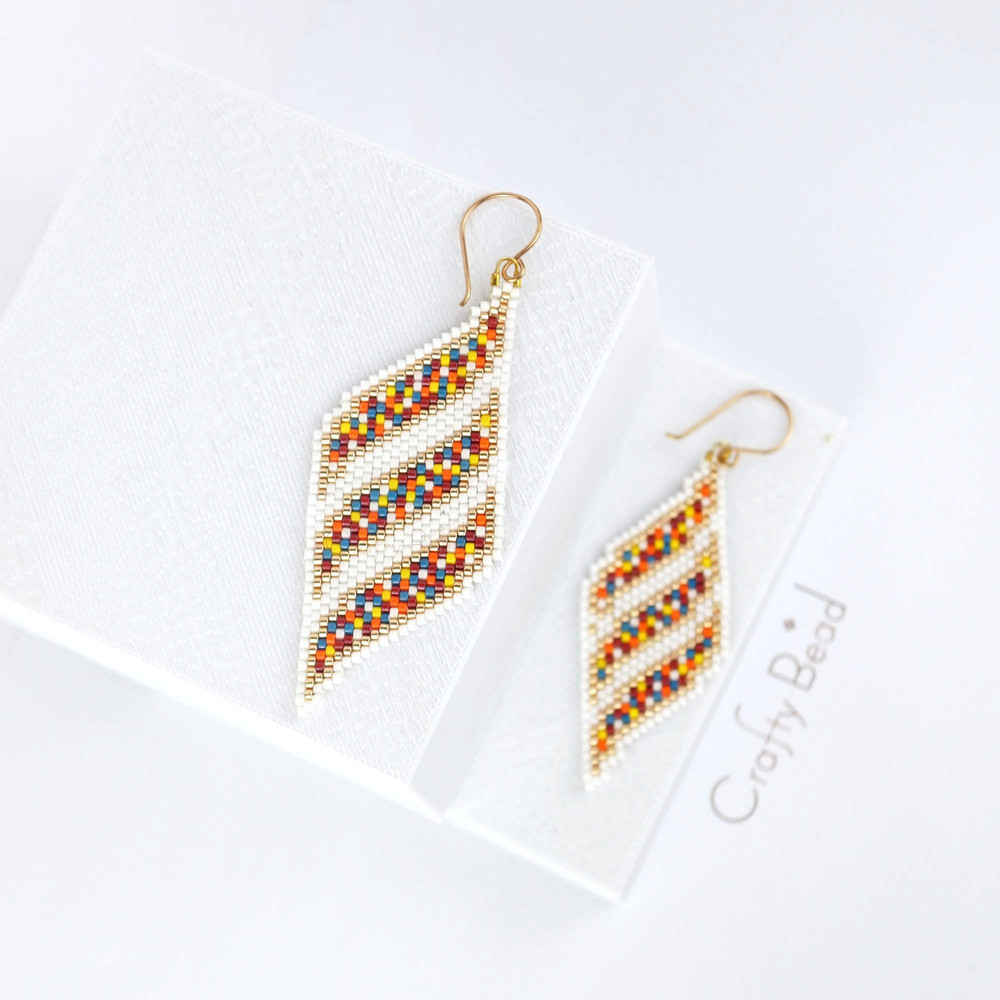 Peyote Pattern For Miyuki Earrings With Colorful Mosaic Ribbons Design And Pinch Of Gold Beads Hand 4
