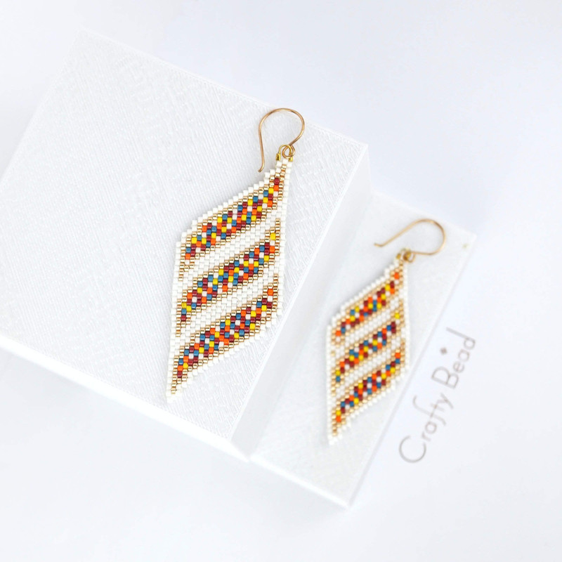 Peyote Pattern For Miyuki Earrings With Colorful Mosaic Ribbons Design And Pinch Of Gold Beads Hand 4