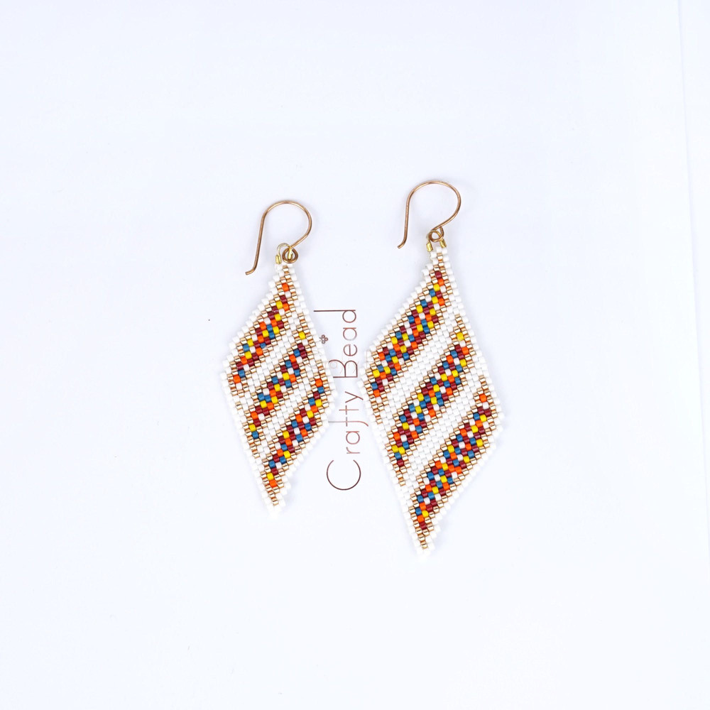 Peyote Pattern For Miyuki Earrings With Colorful Mosaic Ribbons Design And Pinch Of Gold Beads Hand 5