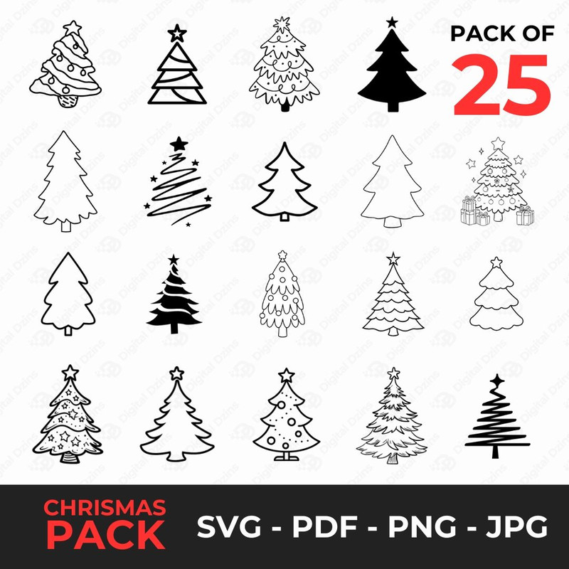 Christmas Tree SVG Bundle Christmas Tree Silhouette Christmas SVGs 25 In 1 Bundle Instant Download 0