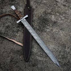 hand forged sword ,damascus steel sword, viking sword, battle sword ,battle ready medieval sword ,with leather sheath