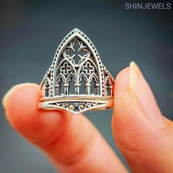 gothic cathedral ring, medieval castle - sterling silver wedding ring, catholic gothic jewelry
