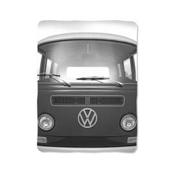 black white volkswagen minibus print on blanket