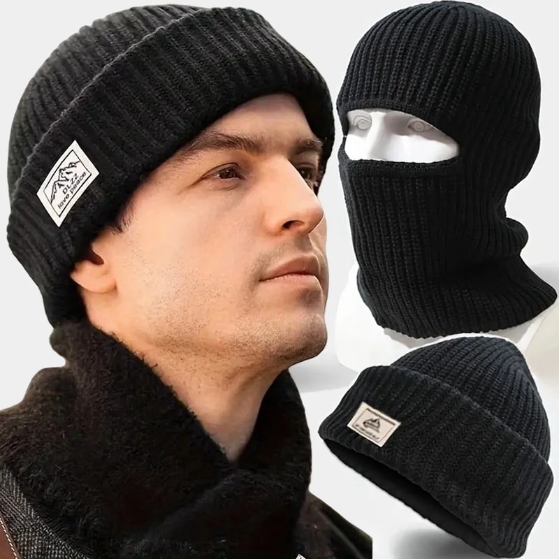 Knitted Thicken Winter 2-in-1 Mask Beanies Hat, Ski Balaclava Full Face Mask, Thermal Windproof Coldproof Running Hat