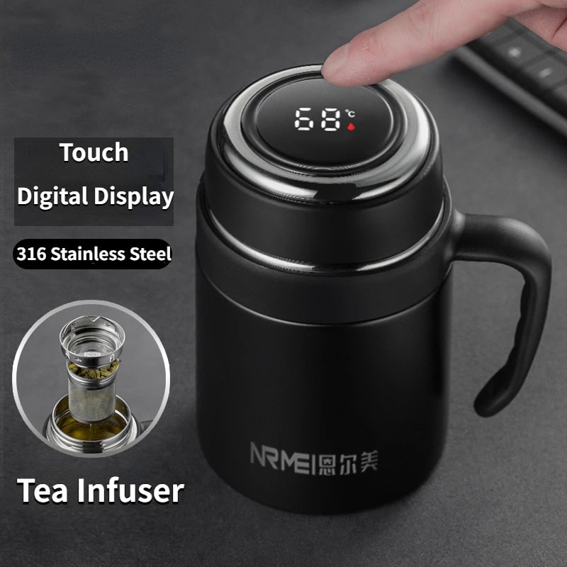 Premium Stainless Steel Digital Display Thermos Cup With Tea Infuser Portable Vacuum Flask Handgrip 1