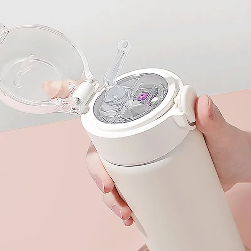 Stainless Steel Vacuum Flask With Straw Girls Cute Thermos Bottle Portable Travel Coffee Mug Therma 2