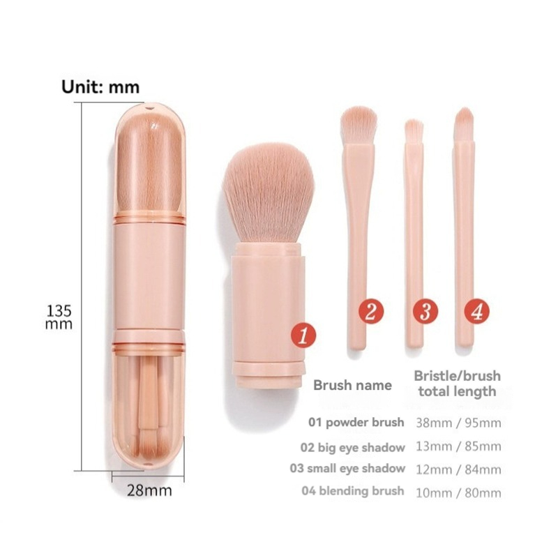 4 in 1 Travel Small Makeup Set, Portable Powder Blusher Brush, Telescopic Mini Makeup Tool with Cover