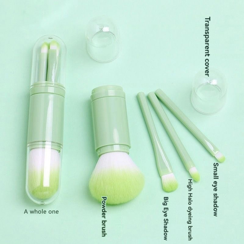 4 in 1 Travel Small Makeup Set, Portable Powder Blusher Brush, Telescopic Mini Makeup Tool with Cover