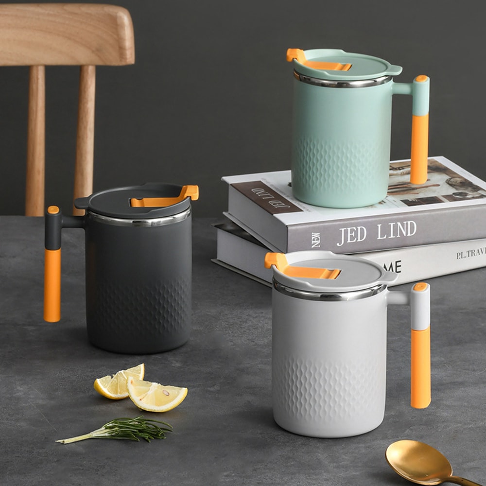HeatResistant Double Wall Stainless Steel Coffee Mug 304 Steel Thermos LeakProof Lid And Handle 4