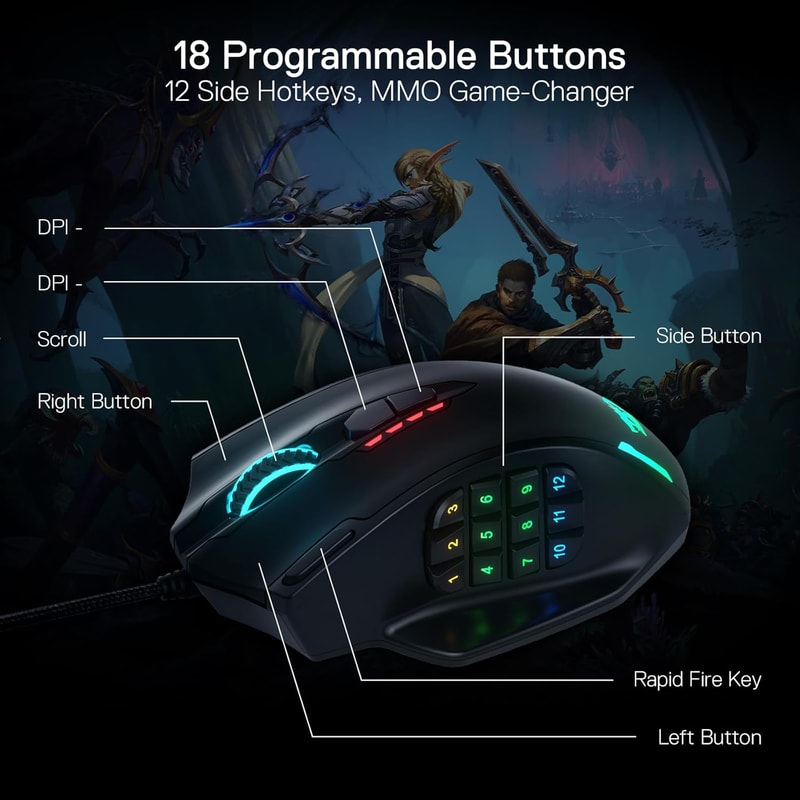 18 Programmable Mouse Buttons, RGB Backlight LED USB Wired Gaming Mouse