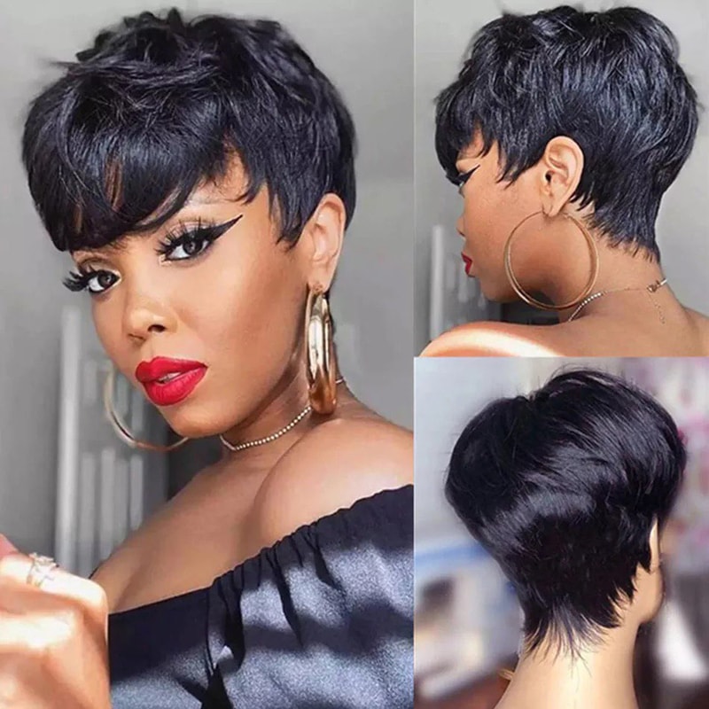 Human Hair Short Pixie Cut Wig, Machine Made Wigs for Black Women With Bangs