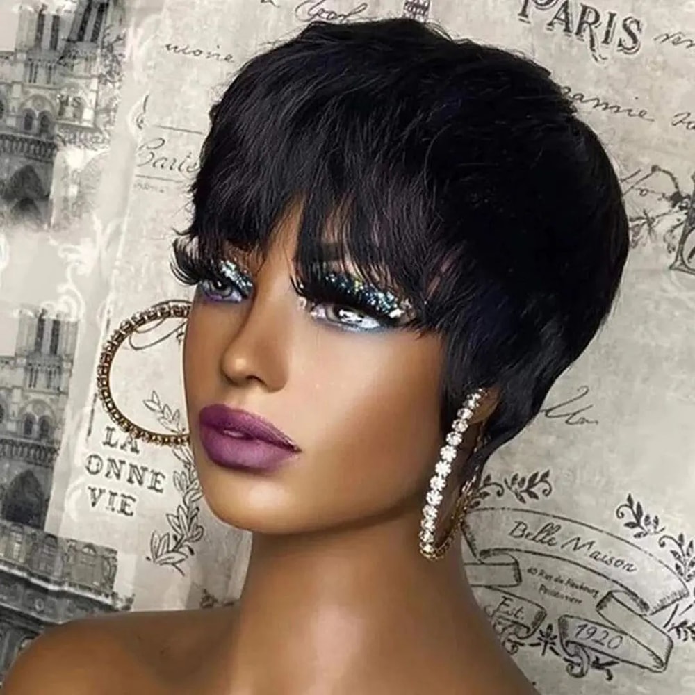Human Hair Short Pixie Cut Wig, Machine Made Wigs for Black Women With Bangs