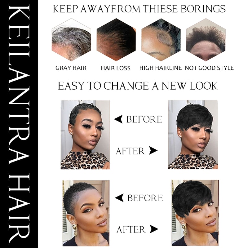 Human Hair Short Pixie Cut Wig, Machine Made Wigs for Black Women With Bangs